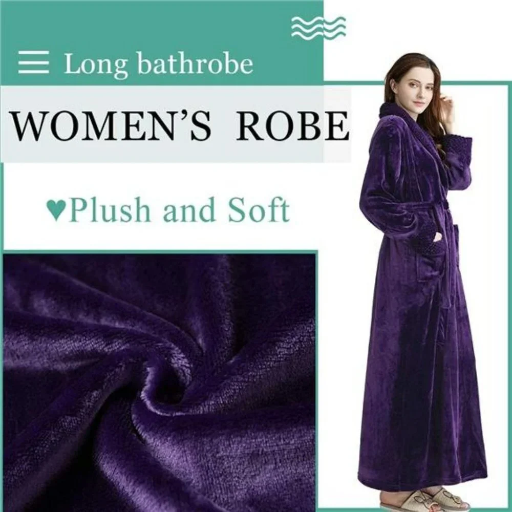 Women Long Fleece Robe Flannel Bathrobes for Winter Thicker Coat with Pockets